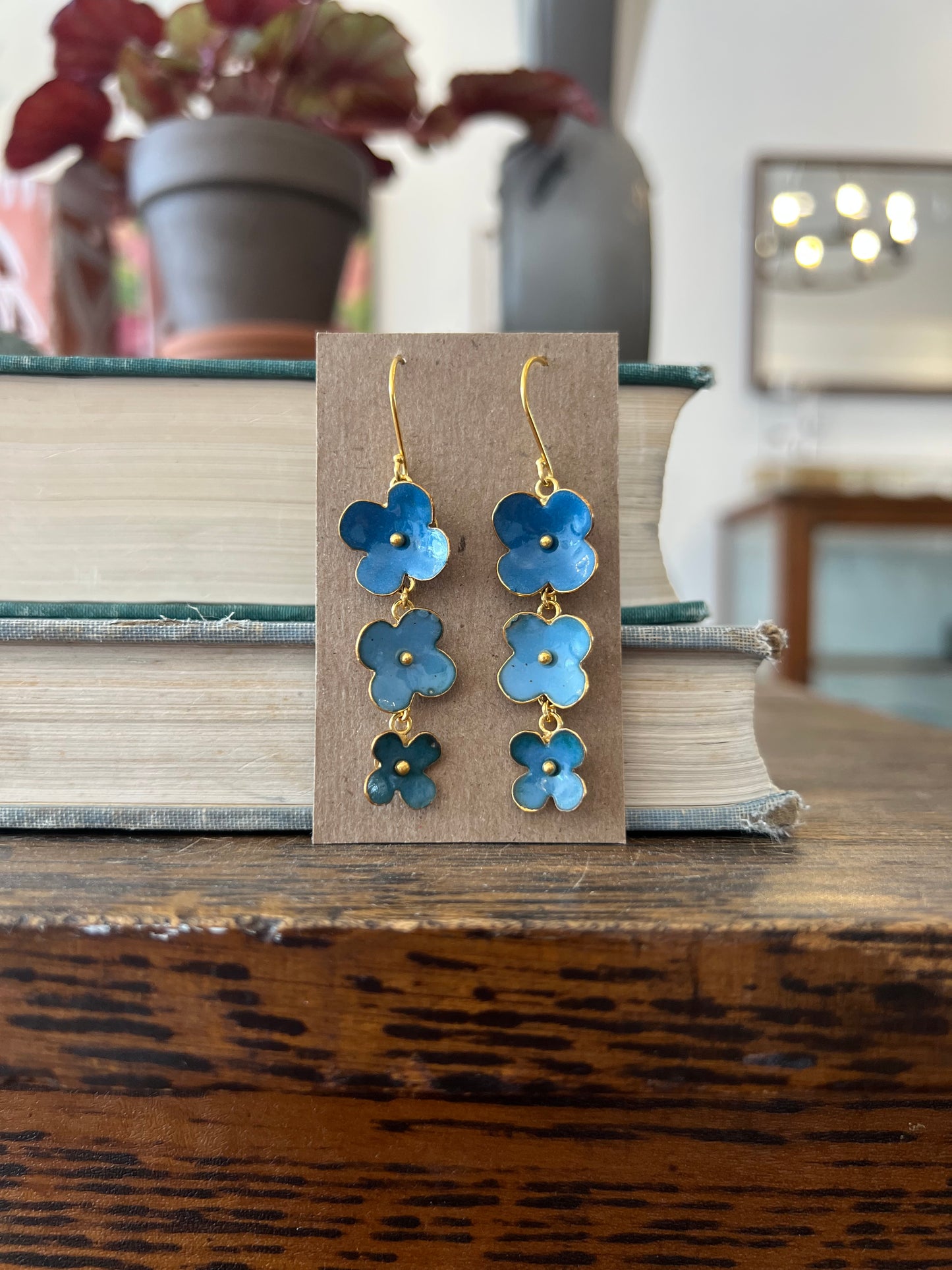Triple Flower Drop Earrings - Denim