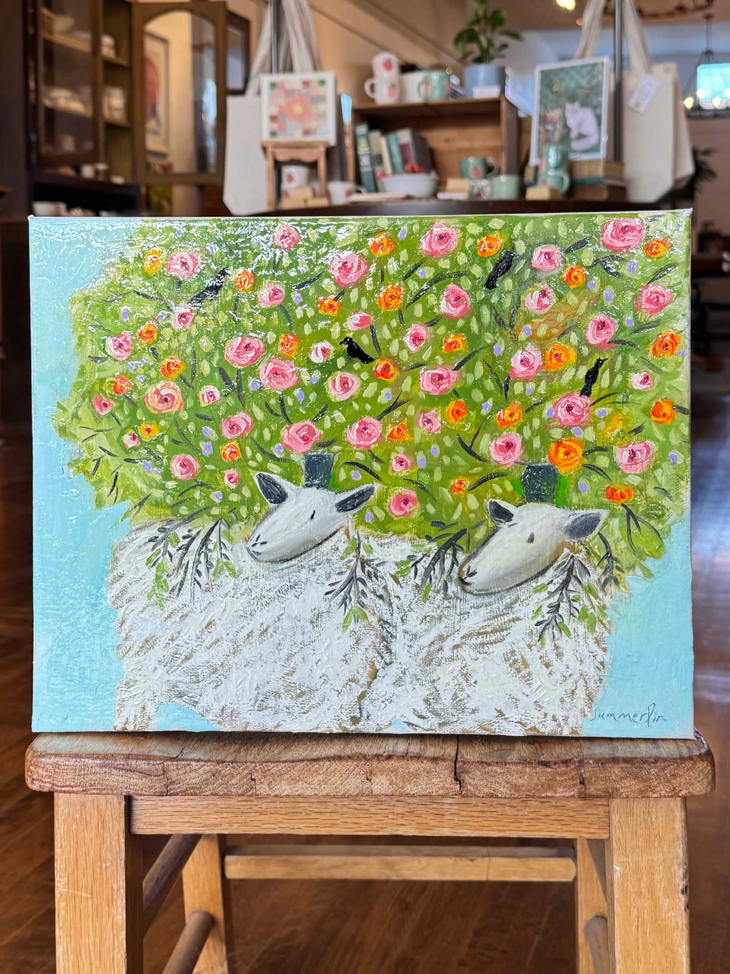 "Two Sheep with Pink and Red Yellow Roses" - Original Work