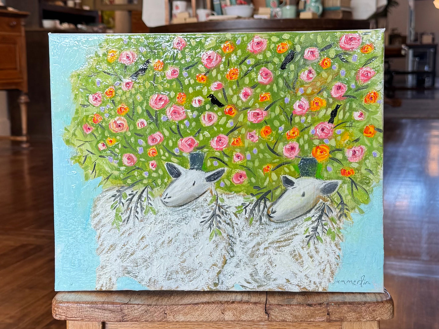 "Two Sheep with Pink and Red Yellow Roses" - Original Work