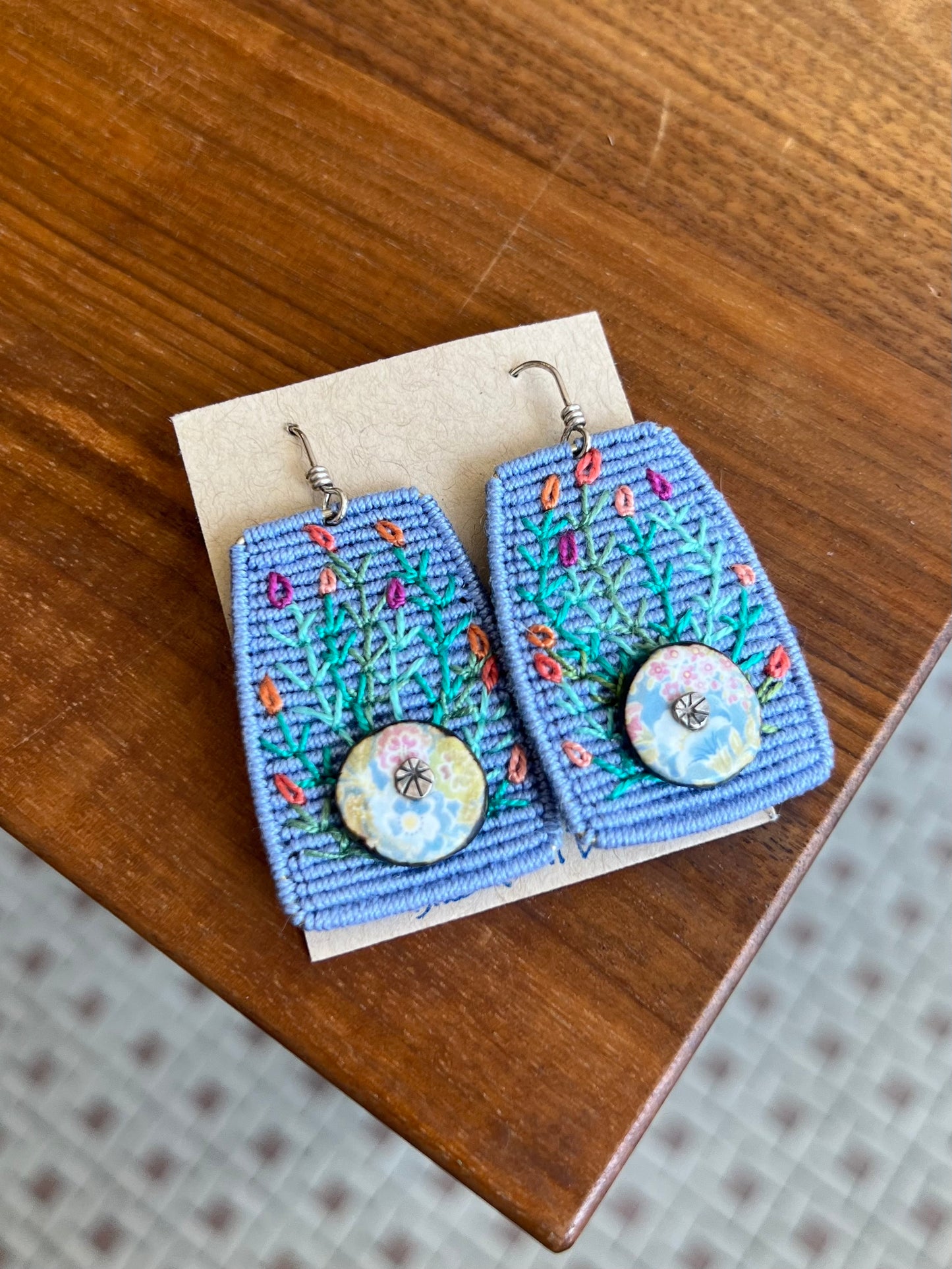 Large Denim Embroidered Earrings
