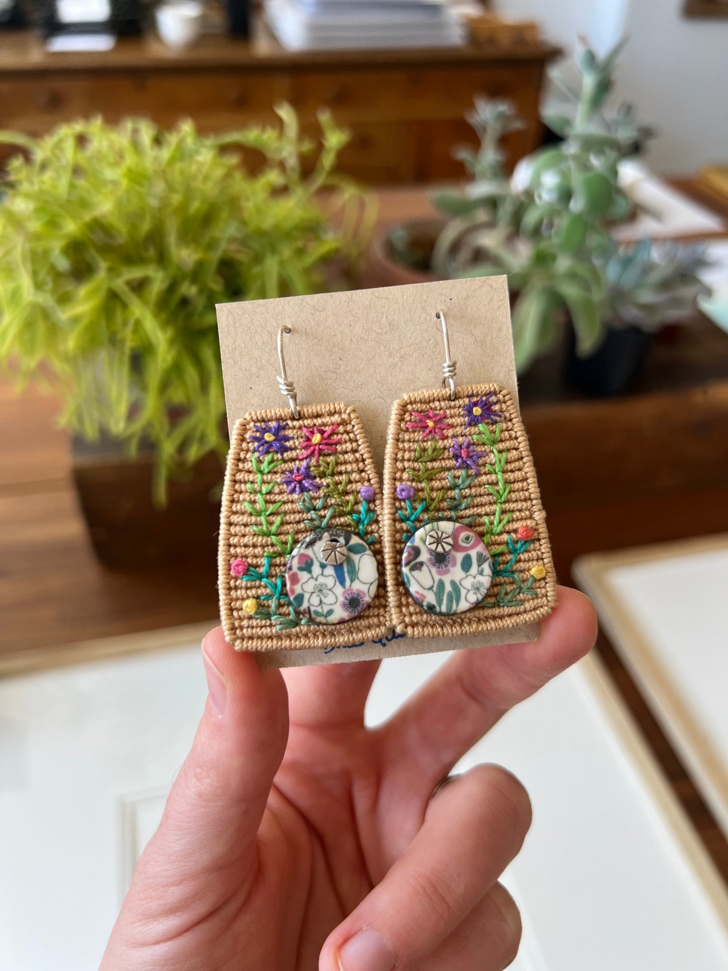 Large Toffee Embroidered Earrings