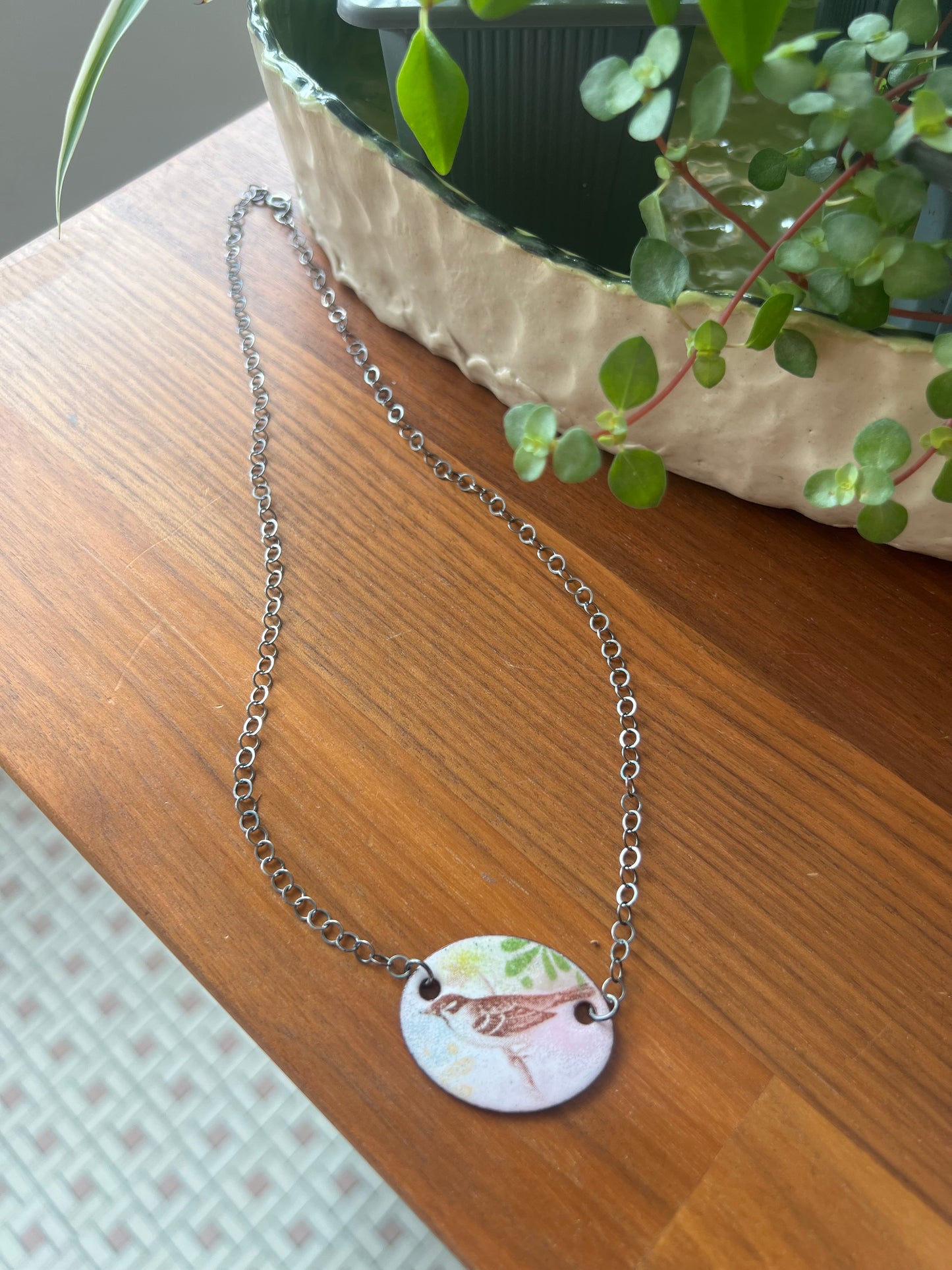 Enamel Copper Necklace - Sparrow