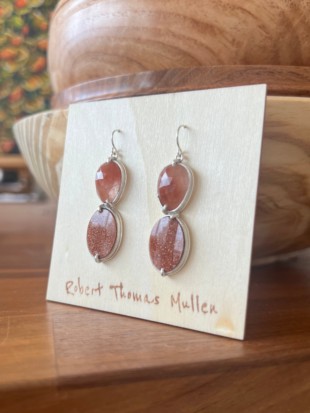 Rutilated Quartz, Sunstone, and Silver Earrings