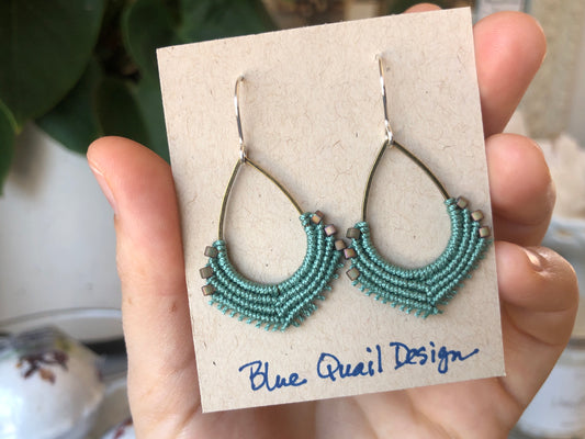 Dark Sage Teardrop Macrame Earrings