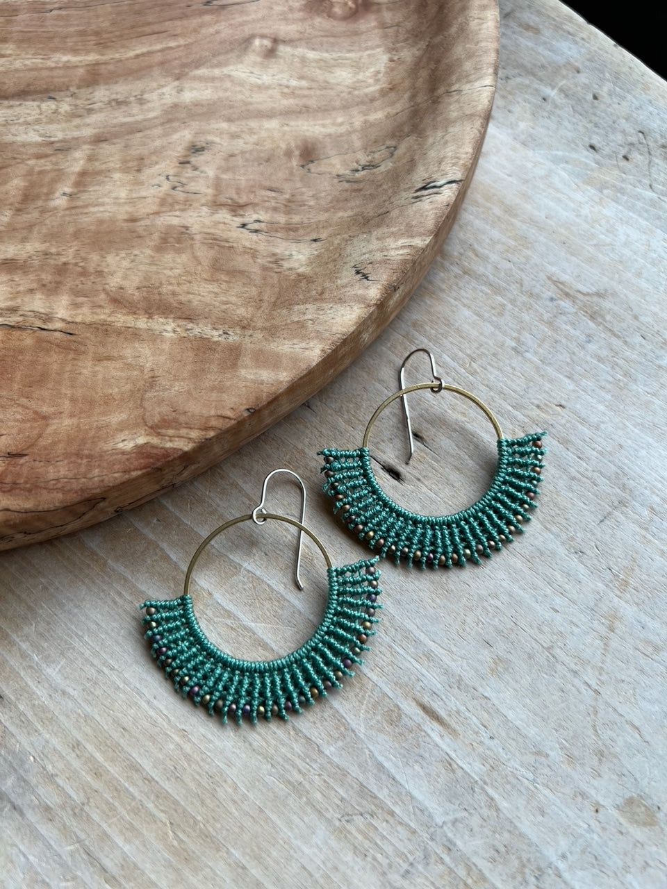 Dark Sage Fan Macrame Earrings