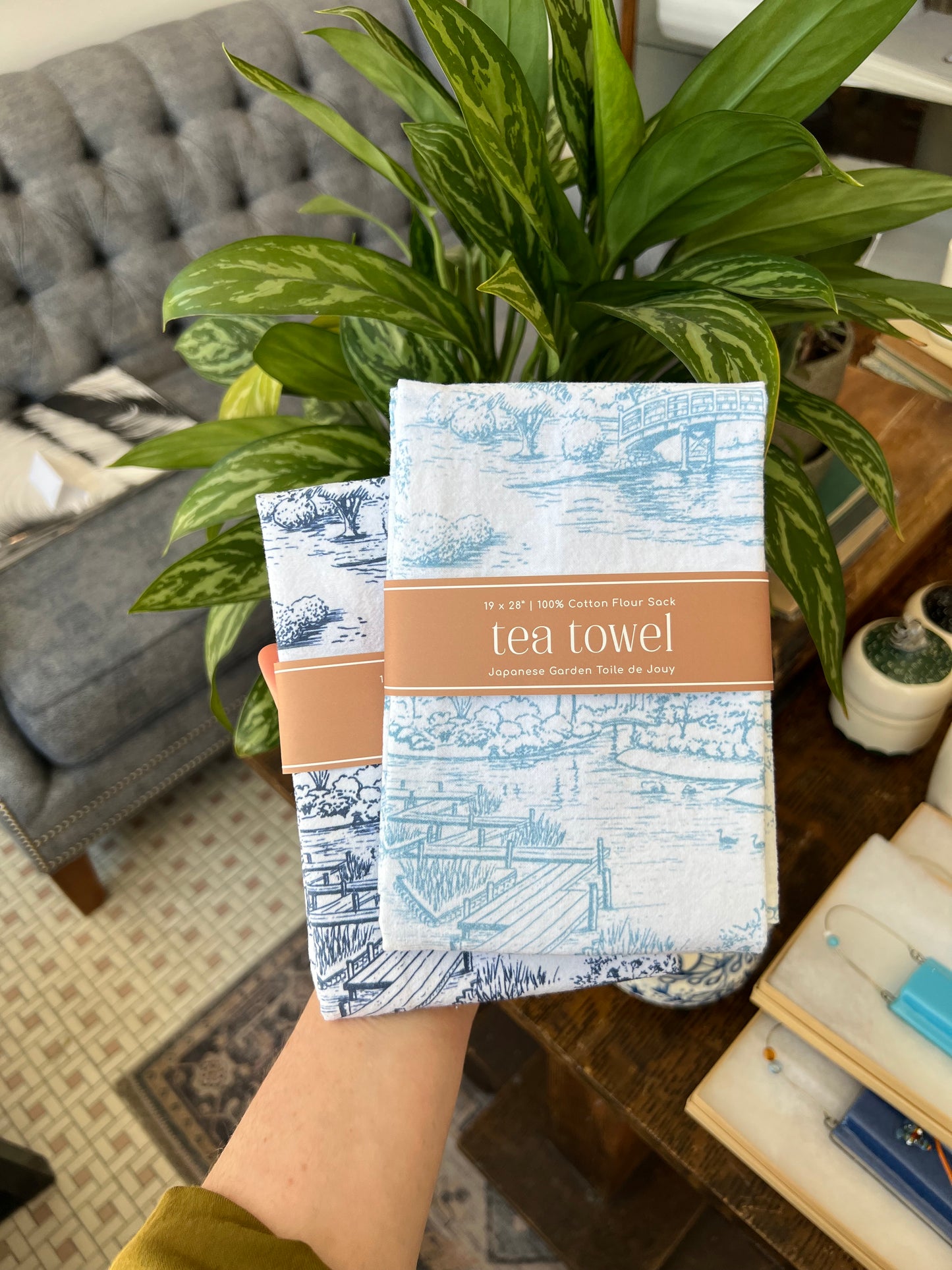 Japanese Garden Toile Tea Towel - Sky