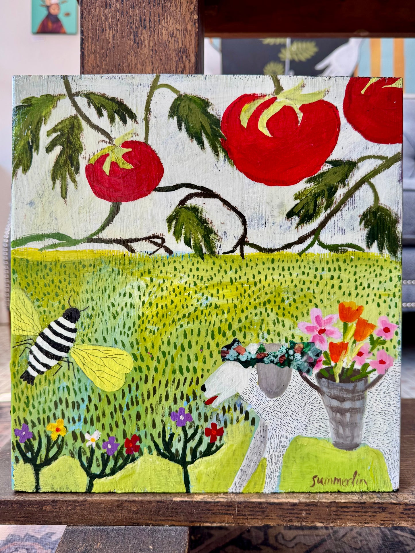 "White Dog, Bee, and Tomatoes" - Original Work