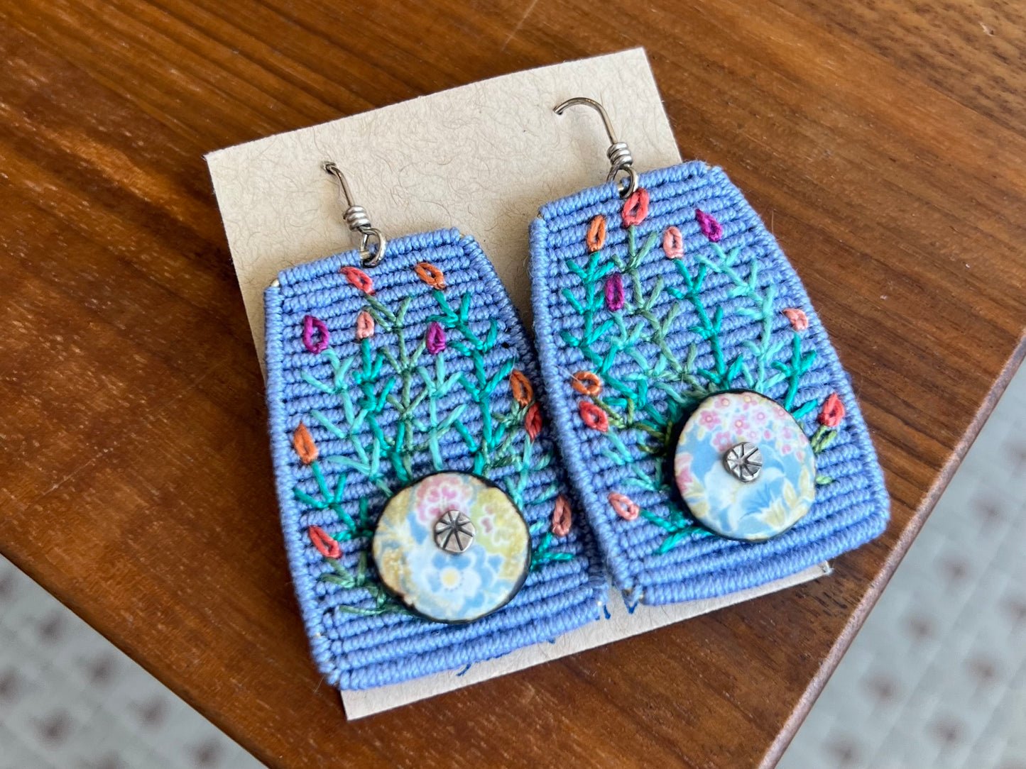 Large Denim Embroidered Earrings