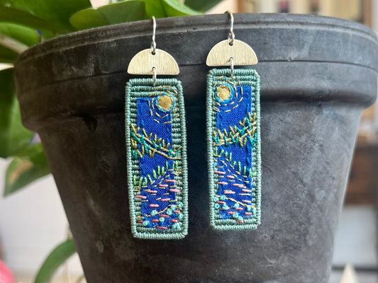 Dark Sage Landscape Embroidered Earrings - Oblong