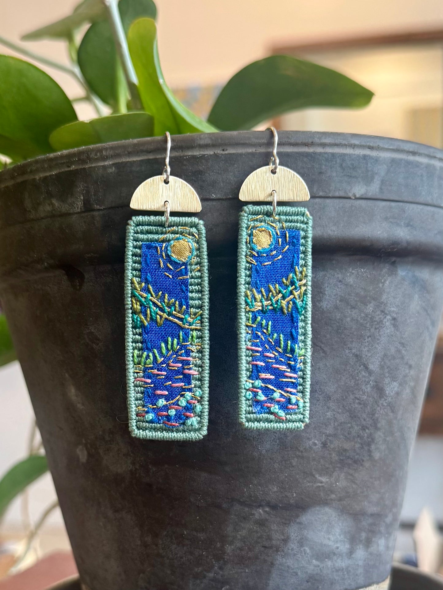 Dark Sage Landscape Embroidered Earrings - Oblong