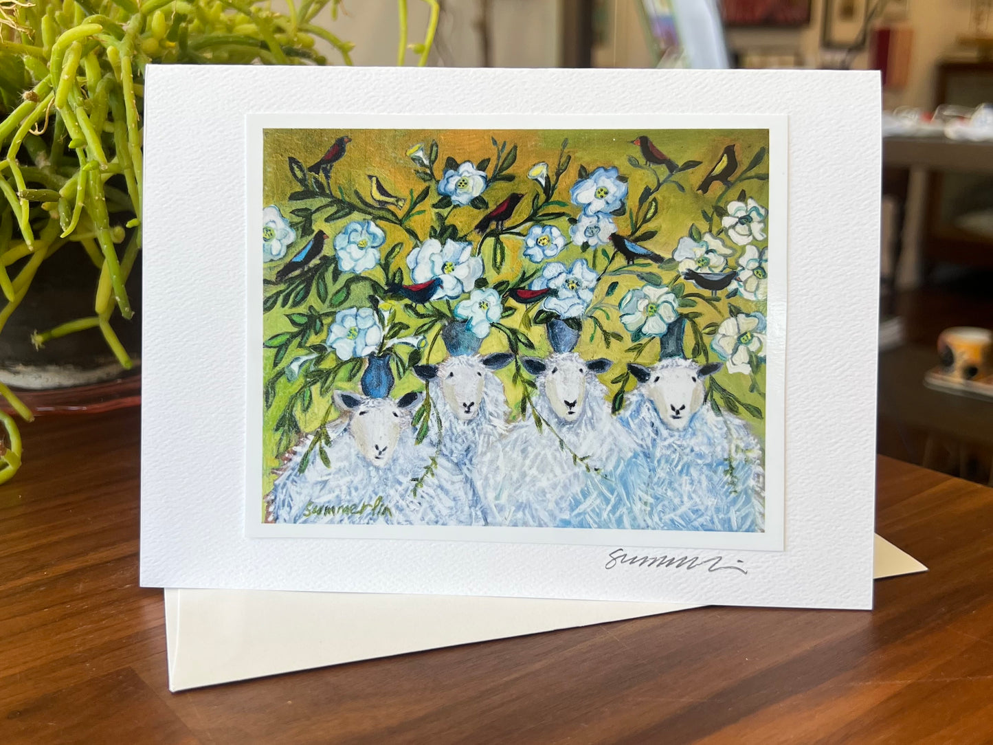 "Four Sheep and Magnolias" Greeting Card
