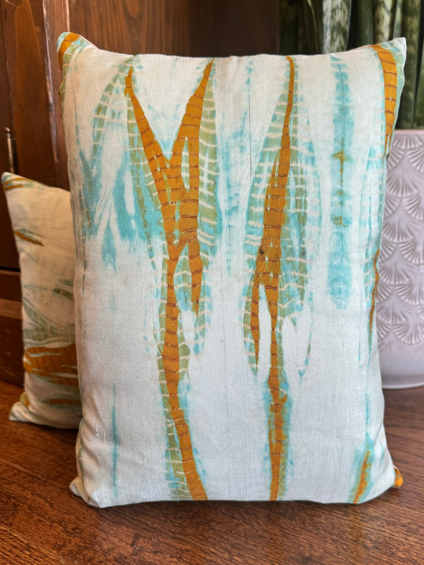 Hand Dyed Silk Pillow - Turquoise and Gold