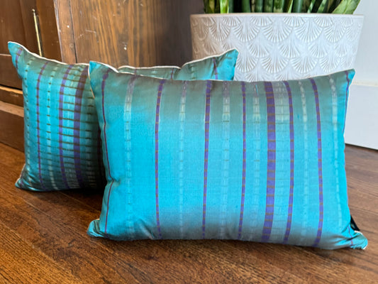Hand Dyed Silk Pillow - Teal Stripe