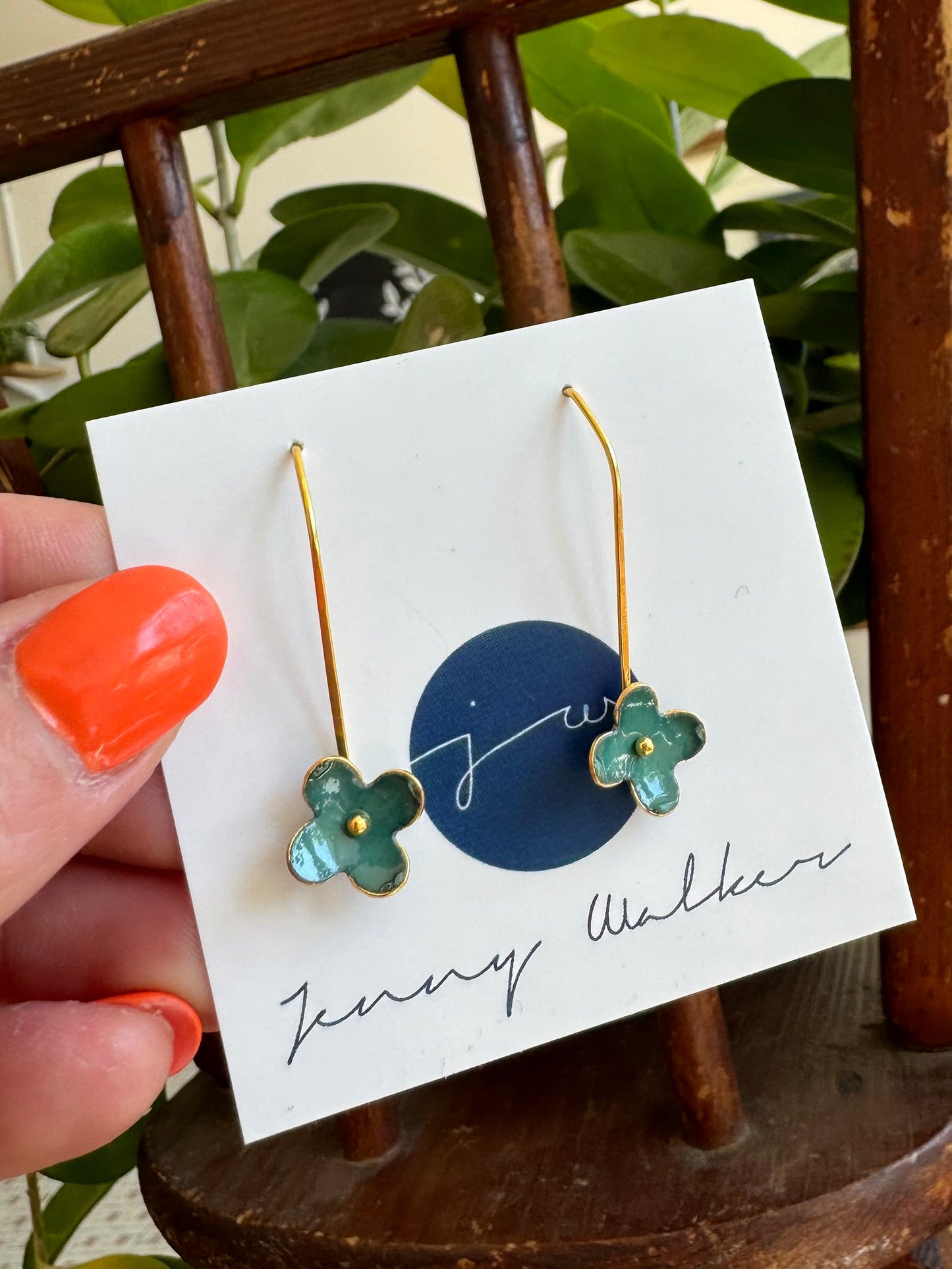Small Enamel Flower Earrings - Jade