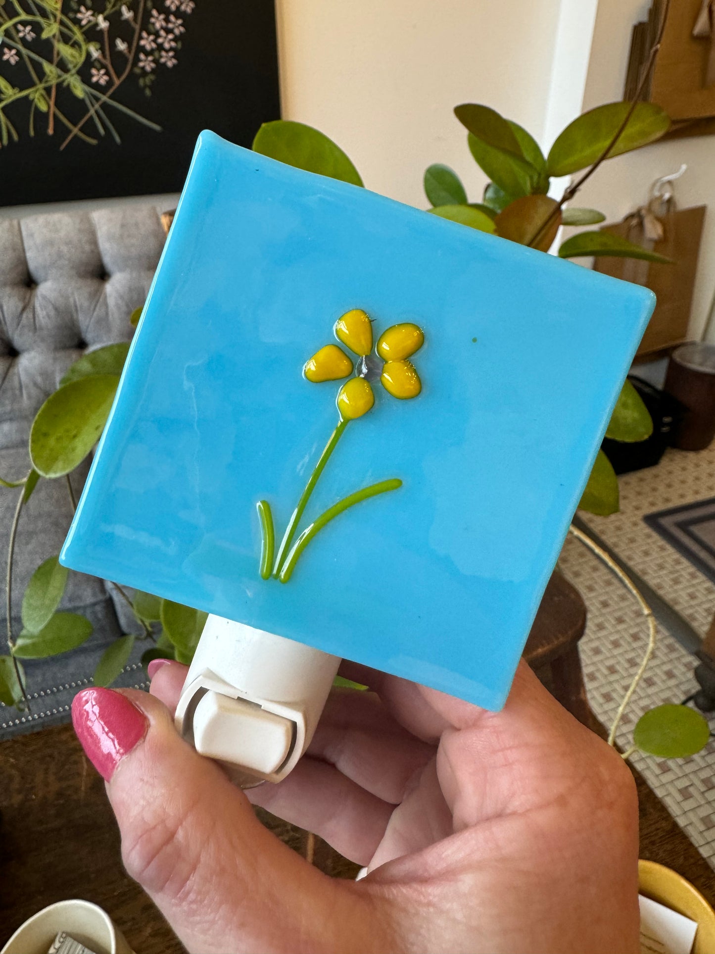 Fused Glass Nightlight- Blue with Yellow Flower
