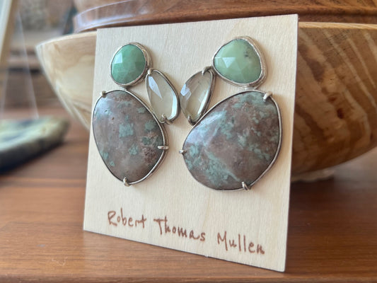 Pistachio Jasper, Chrysoprase, Green Amethyst and Silver Earrings
