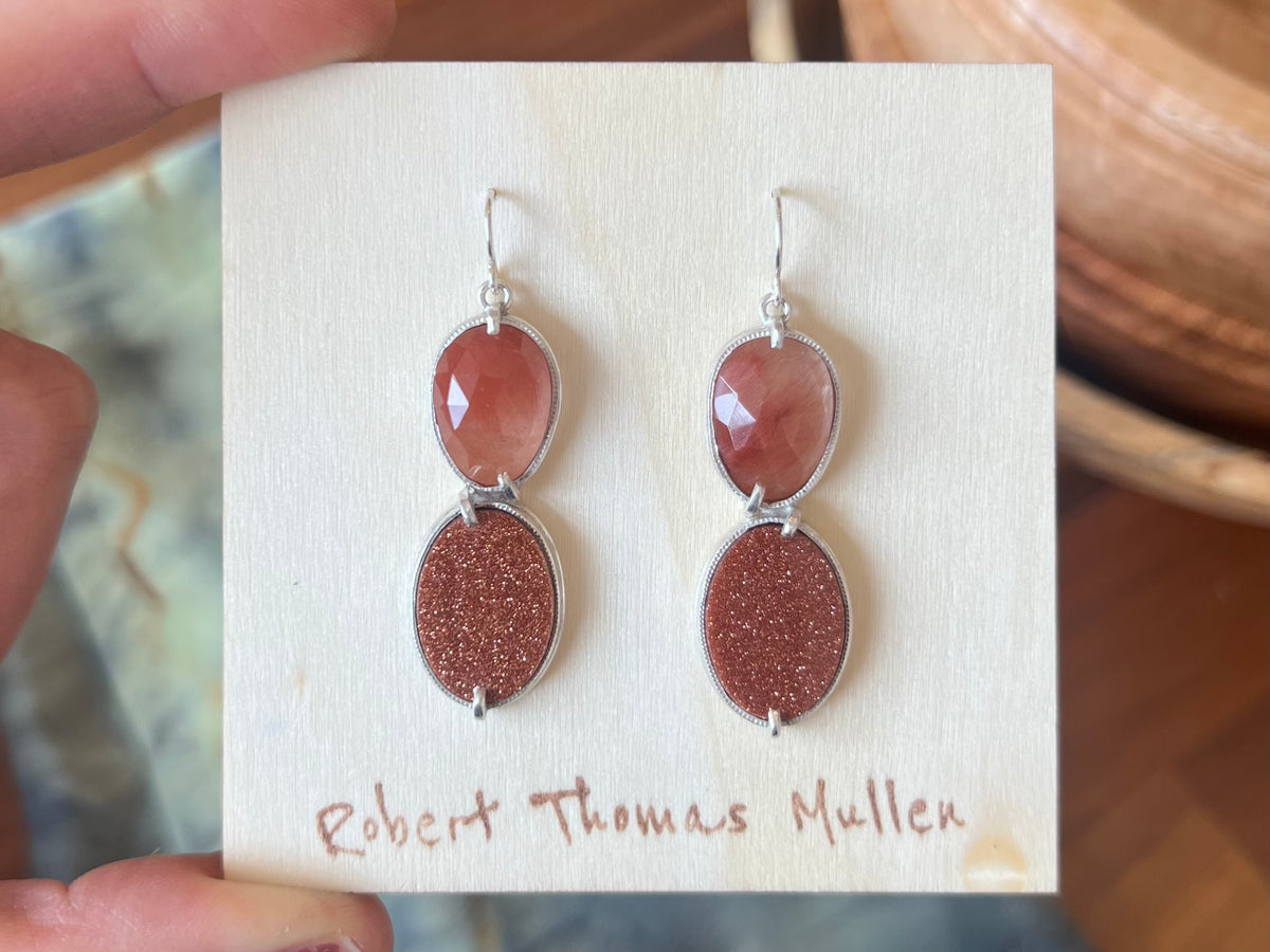 Rutilated Quartz, Sunstone, and Silver Earrings