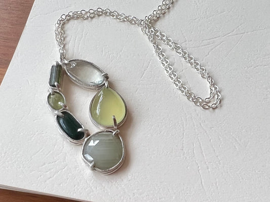 Tourmaline, Peridot, Sapphire, Green Amethyst, Chalcedony and Silver Necklace
