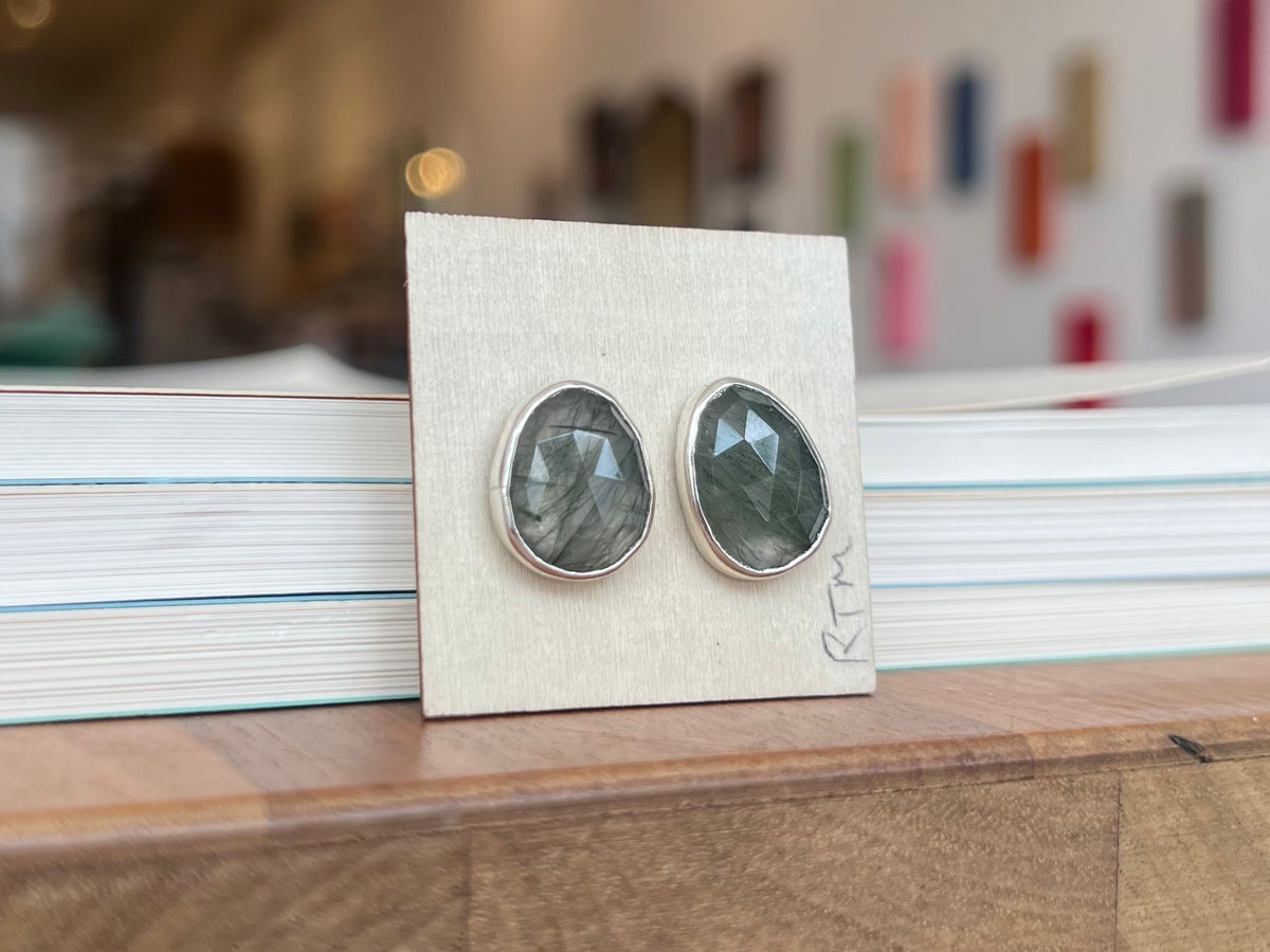 Green Rutilated Quartz and Silver Earrings