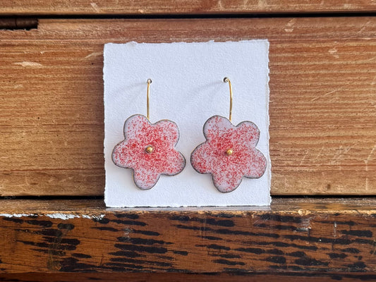 Enamel Flower Earrings - Large Speckled Pink
