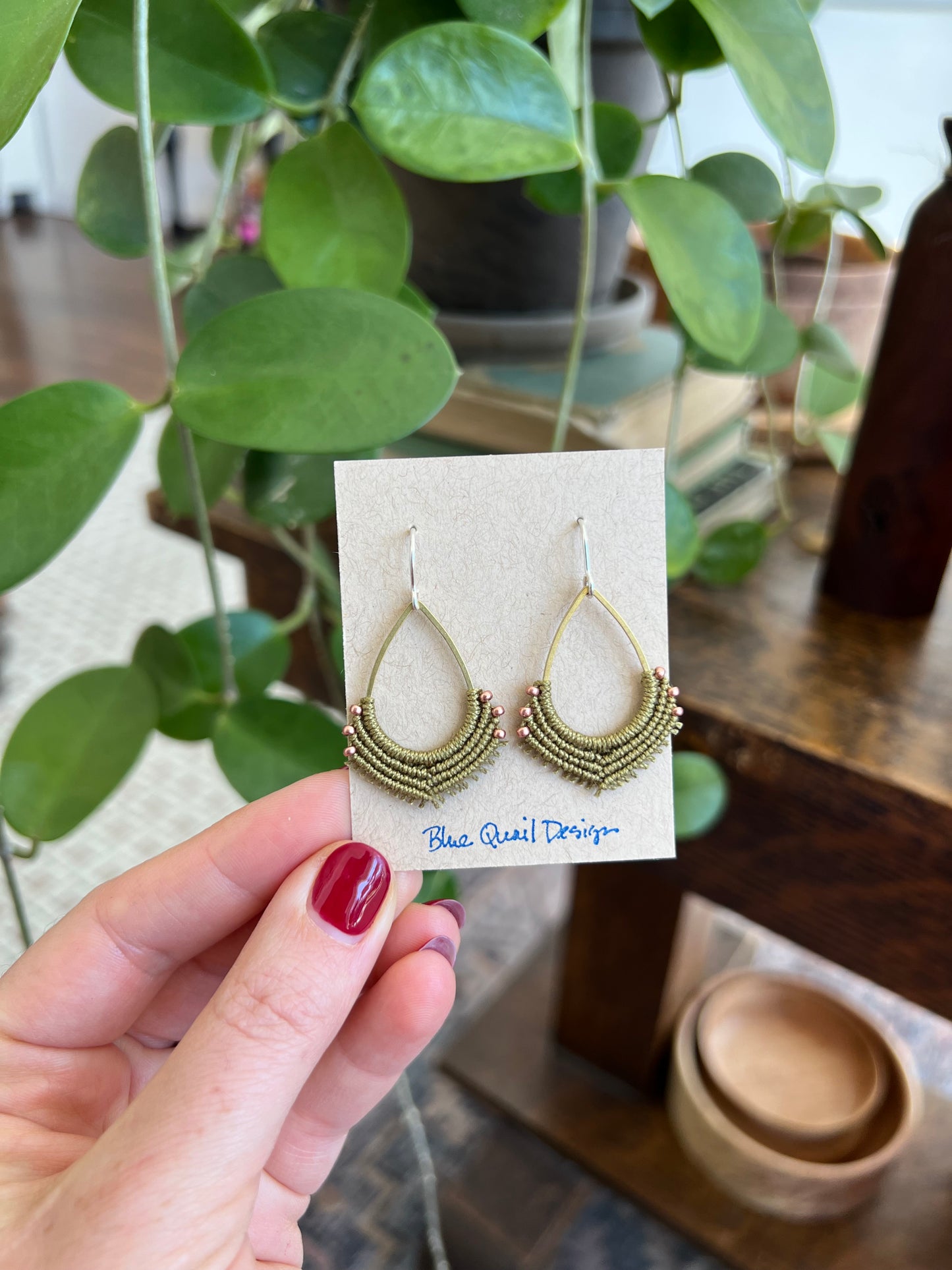 Olive Teardrop Macrame Earrings