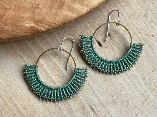 Dark Sage Fan Macrame Earrings