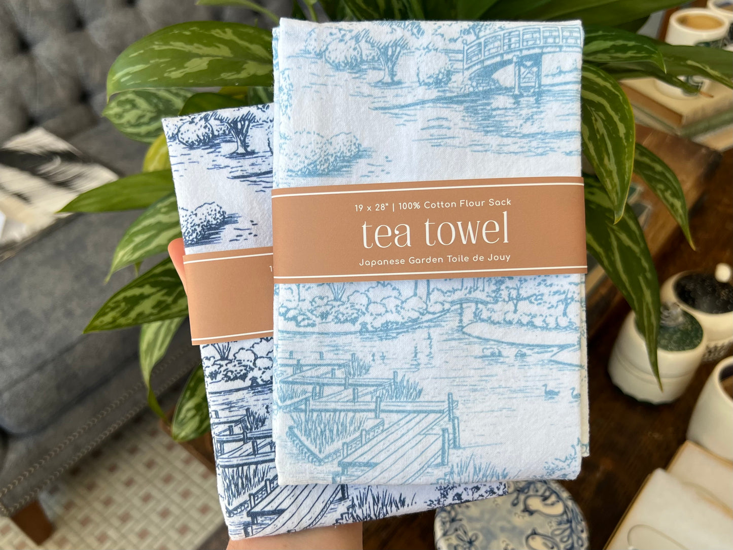 Japanese Garden Toile Tea Towel - Sky